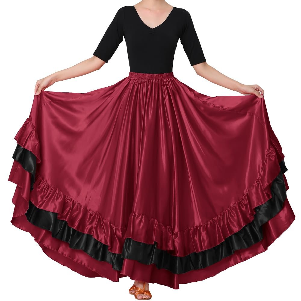 Backgarden Women Black Red Layers Satin Long Skirt for Spanish Flamenco Belly Dance Mexico Ballet Folklorico Performance