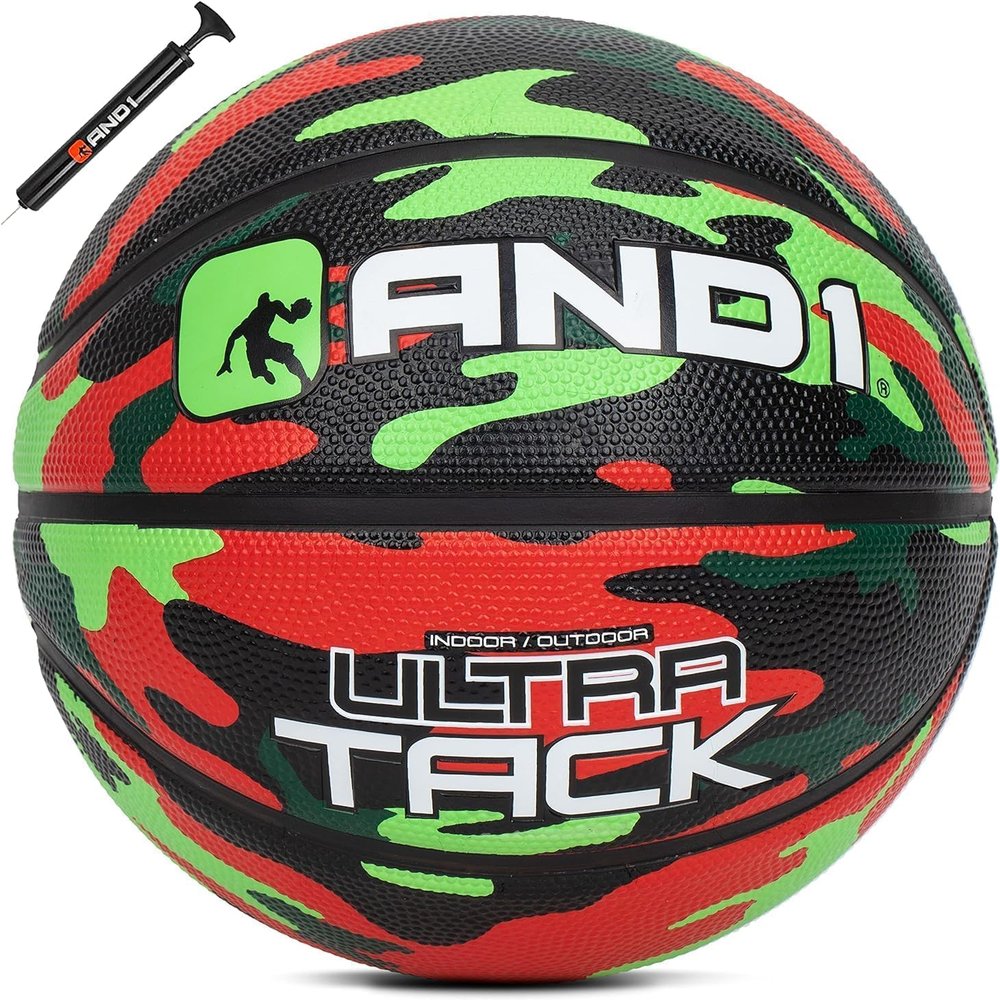 AND1 Ultra Grip Advanced Premium Rubber Basketball (Deflated w/Pump Included): Official Regulation Size 7 (29.5) Streetball, Made for Indoor/Outdoor Basketball Games, Red/Green