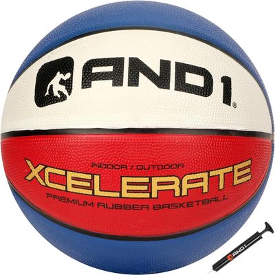 AND1 Xcelerate Rubber Basketball: Official Regulation Size 7 (29.5) Streetball, Made for Indoor/Outdoor Games (Basketball w/Pump, Red/White/Blue)