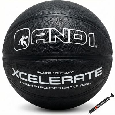 AND1 Xcelerate Rubber Basketball: Official Regulation Size 7 (29.5) Streetball, Made for Indoor/Outdoor Games (Basketball w/Pump, Black Classic)