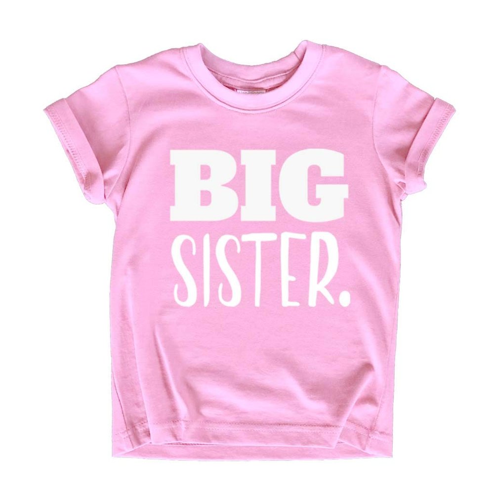 Big Sister Shirt Big Sister Announcement Toddler Shirts Promoted to Girls Outfit (White on Pink, 4 Years)