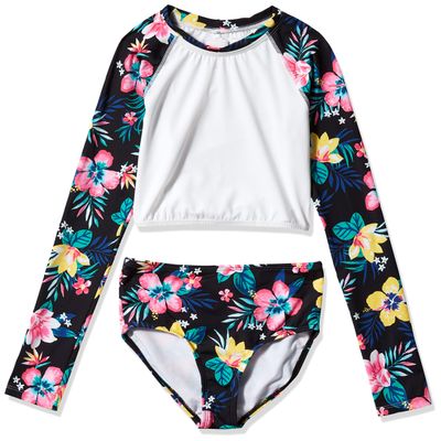 Kanu Surf Girls' Long Sleeve Rashguard UPF 50+ Two Piece Swim Set, Brooke Crop Black, 12