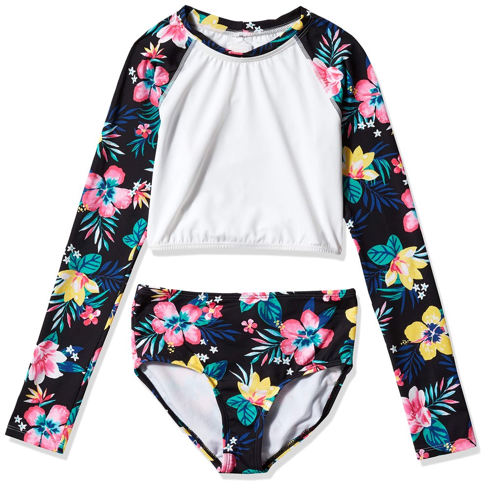 Kanu Surf Girls' Long Sleeve Rashguard UPF 50+ Two Piece Swim Set, Brooke Crop Black, 12