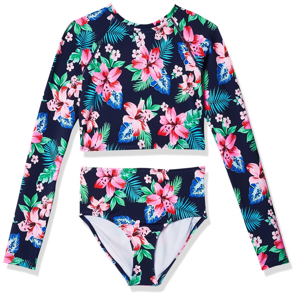 Kanu Surf Girls' Long Sleeve Rashguard UPF 50+ Two Piece Swim Set, Peggy Crop Navy, 6