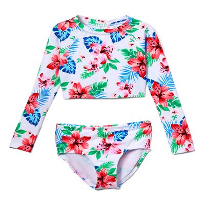 Kanu Surf Girls' Long Sleeve Rashguard UPF 50+ Two Piece Swim Set, Peggy Crop White, 6