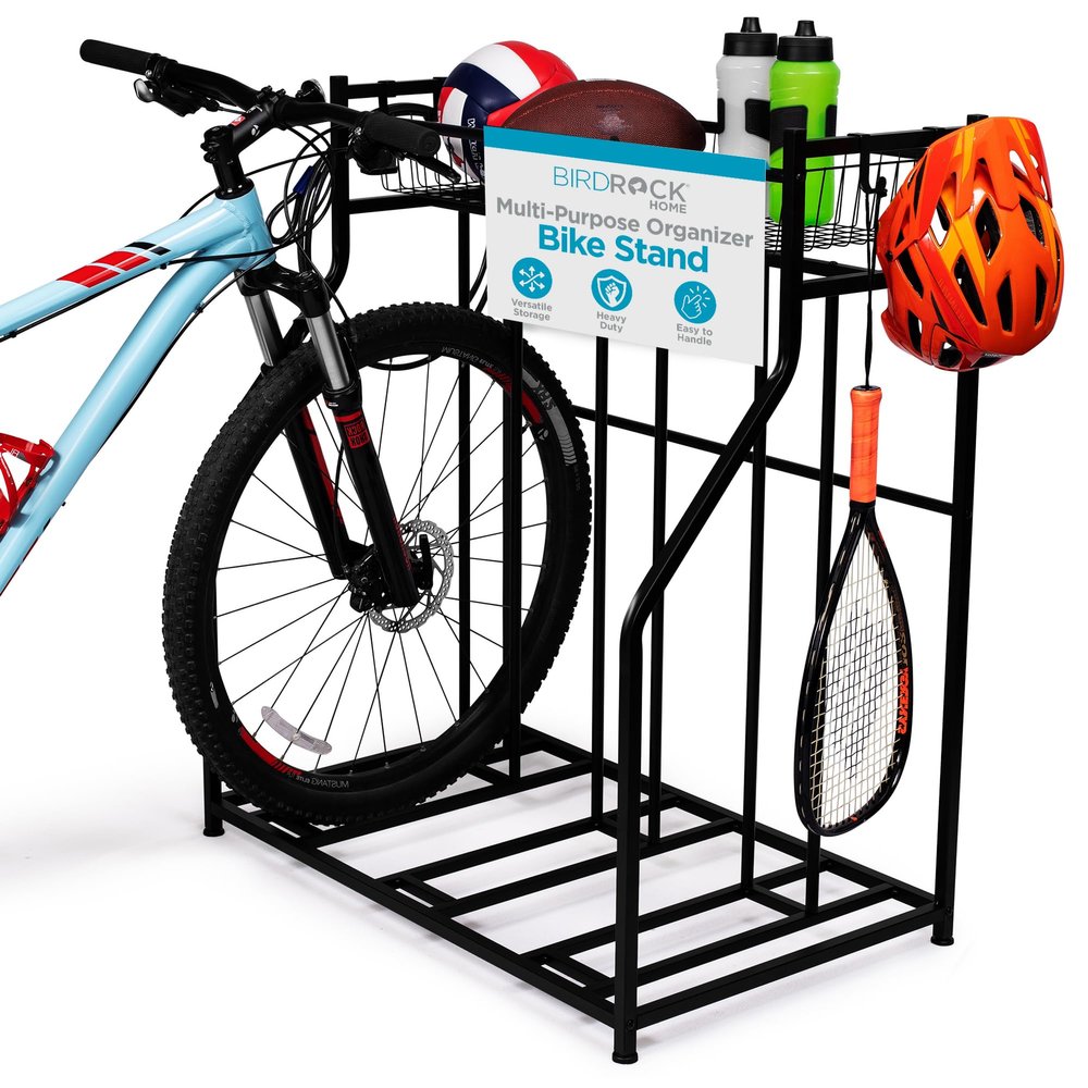 BIRDROCK HOME Bike Rack Garage Storage Floor Stand - Freestanding Organizer for Outdoor Yard - Upright Wall Mount for Scooters, Rakes, Motorcycles, Hoverboards, Gloves - Holds 3 Bicycle - Black