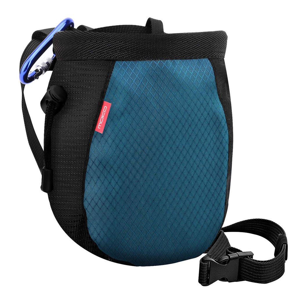 MoKo Rock Climbing Chalk Bag, Bouldering Chalk Pot Bucket with Adjustable Belt & Carabiner Drawstring Climbing Gear for Rock Climbing Weight Lifting Gymnastics Crossfit - Black & Royal Blue