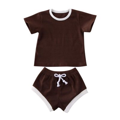 Infant Baby Girl Boy Clothes Knit Short Sleeve T-Shirt Tops+Solid Shorts Bloomers Two Piece Outfits Set (Brown, 6-12 Months)