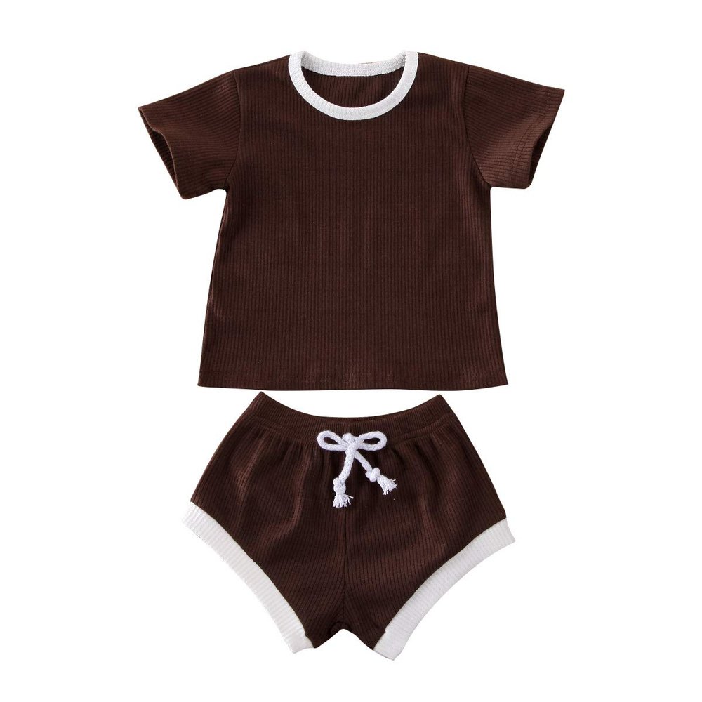 Infant Baby Girl Boy Clothes Knit Short Sleeve T-Shirt Tops+Solid Shorts Bloomers Two Piece Outfits Set (Brown, 6-12 Months)