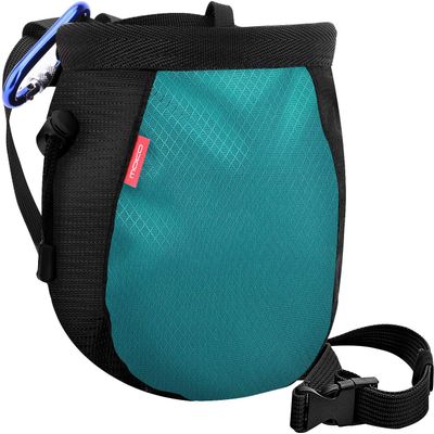 MoKo Rock Climbing Chalk Bag, Bouldering Chalk Pot Bucket with Adjustable Belt & Carabiner Drawstring Climbing Gear for Rock Climbing Weight Lifting Gymnastics Crossfit - Black & Light Blue