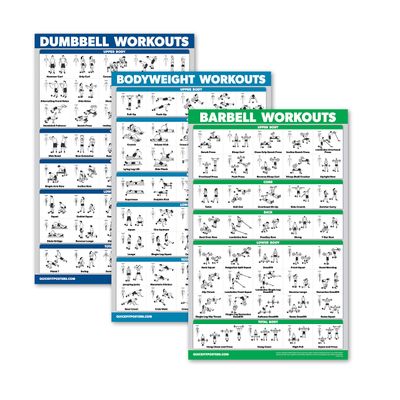 QUICKFIT 3 Pack - Dumbbell Workouts + Bodyweight Exercises + Barbell Routine Poster Set - Set of 3 Workout Charts (Laminated, 18" x 24")