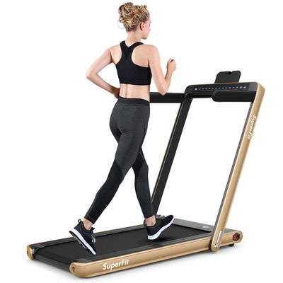 GYMAX Walking Pad, 2.25HP Dual Display Foldable Treadmill for Home with Remote/Smart App Control, Portable Compact Treadmill for Office Under Desk, Folding Running Machine for Small Spaces (Gold)