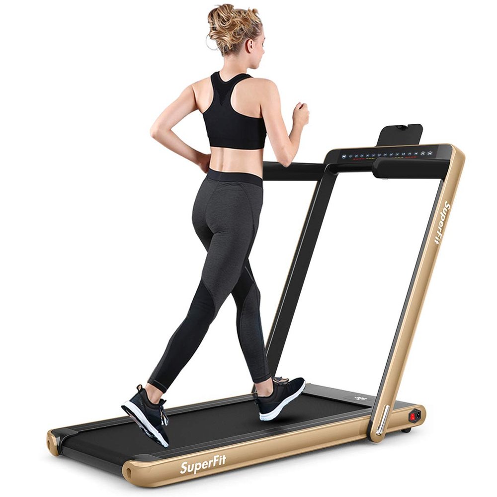 GYMAX Walking Pad, 2.25HP Dual Display Foldable Treadmill for Home with Remote/Smart App Control, Portable Compact Treadmill for Office Under Desk, Folding Running Machine for Small Spaces (Gold)