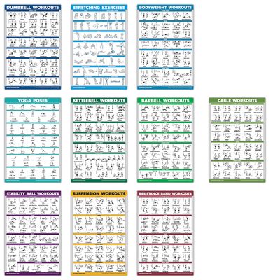 10 Pack - Exercise Workout Poster Set - Cable Machine, Dumbbell, Suspension, Kettlebell, Resistance Bands, Stretching, Bodyweight, Barbell, Yoga Poses, Exercise Ball (LAMINATED, 18" x 24")