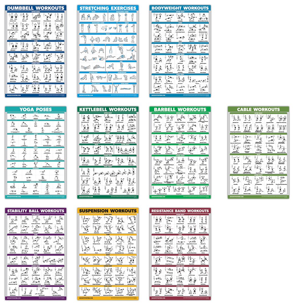 10 Pack - Exercise Workout Poster Set - Cable Machine, Dumbbell, Suspension, Kettlebell, Resistance Bands, Stretching, Bodyweight, Barbell, Yoga Poses, Exercise Ball (LAMINATED, 18" x 24")