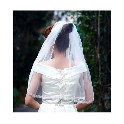 Campsis Bridal Wedding Veil with Comb Pearls Tulle Veils Bride Lace Veil Hair Accessories for Women and Girls (White)