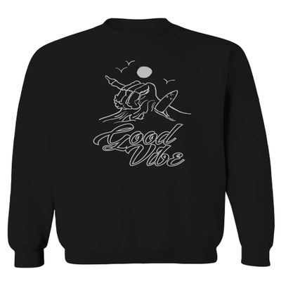 Front Good Vibe Bones Hand Shaka Cool Summer surf Beach Hipster Graphic Men's Crewneck Sweatshirt (Black Large)