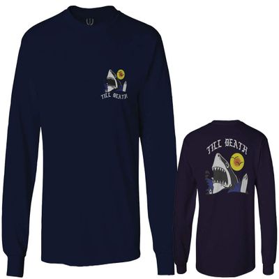 0256. Shark Summer Vibe Cool Graphic Surf Till Death Society Men's Long Sleeve t Shirt (Navy Blue, Large)