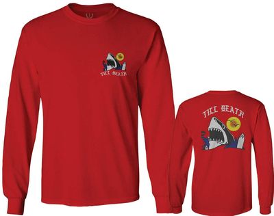 0256. Shark Summer Vibe Cool Graphic Surf Till Death Society Men's Long Sleeve t Shirt (Red, Small)