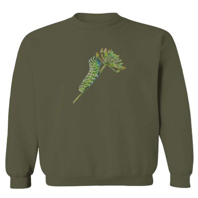 0247. Vintage Caterpillar Art Paint Floral Retro Graphic Men's Crewneck Sweatshirt (Olive, Small)