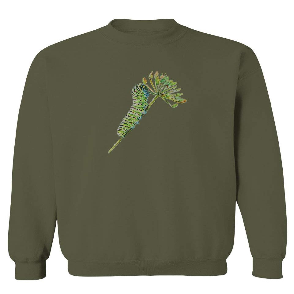 0247. Vintage Caterpillar Art Paint Floral Retro Graphic Men's Crewneck Sweatshirt (Olive, Small)