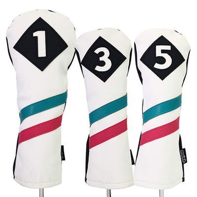 Majek Golf Vintage Headcovers White Seafoam Teal Pink Stripe Premium Retro Leather Style 1 3 5 Driver and Fairway Head Covers Fits 460cc Drivers and All Modern Metal Woods Custom Design in California