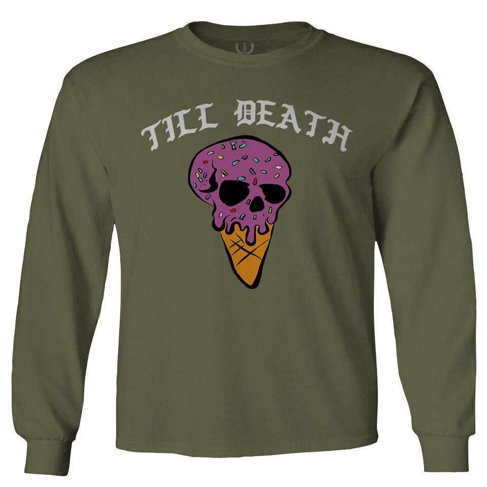 0259. dope Chill Till Death Ice Cream Skull Graphic Streetwear Society Men's Long Sleeve t Shirt (Olive, X-Large)