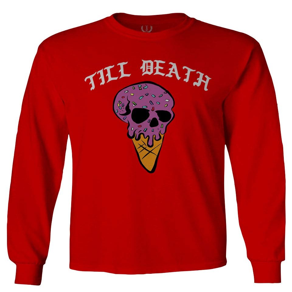 0259. dope Chill Till Death Ice Cream Skull Graphic Streetwear Society Men's Long Sleeve t Shirt (Red, Small)