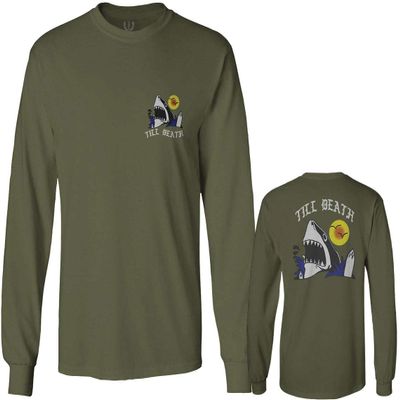 0256. Shark Summer Vibe Cool Graphic Surf Till Death Society Men's Long Sleeve t Shirt (Olive, Medium)