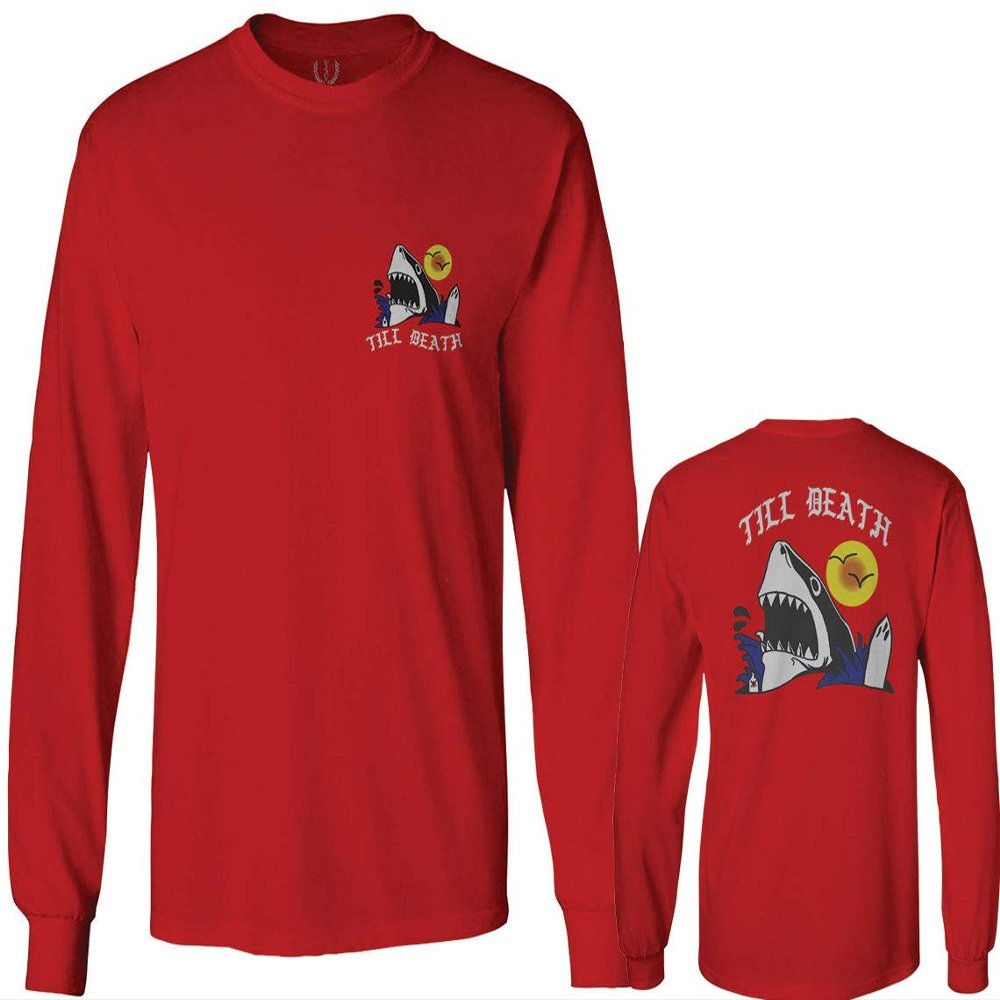 0256. Shark Summer Vibe Cool Graphic Surf Till Death Society Men's Long Sleeve t Shirt (Red, 2X Large)