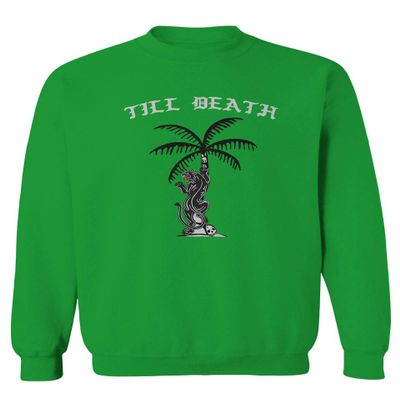 0261. Summer Palm Puma Tattoo Cool Graphic Till Death Streetwear Society Society Men's Crewneck Sweatshirt (Irish Green Large)