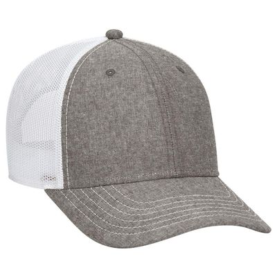 Adjustable Blank Cotton Blend Chambray 6 Panel Low Profile Baseball Cap/Trucker Hat (One Size Fits Most) (OSFM, Ch.Gry/Wht)