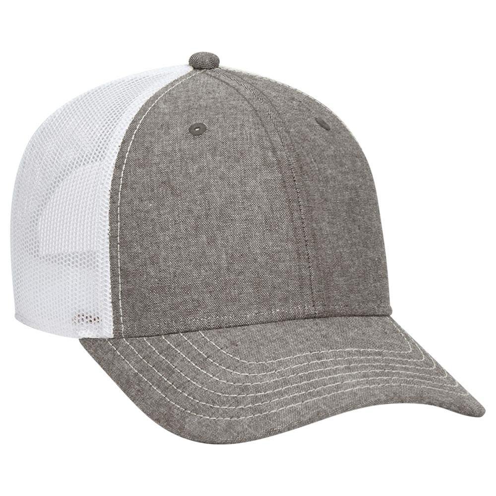 Adjustable Blank Cotton Blend Chambray 6 Panel Low Profile Baseball Cap/Trucker Hat (One Size Fits Most) (OSFM, Ch.Gry/Wht)
