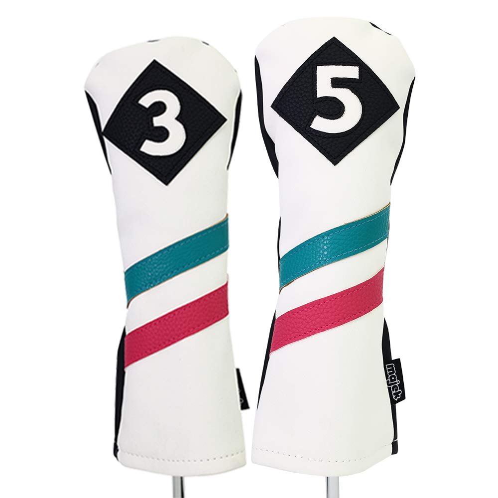 Majek Golf Vintage Headcovers White Seafoam Teal Pink Stripe Premium Retro Leather Style 3 & 5 Fairway Head Covers Fits All Modern Metal Woods Classic Handcrafted Custom Designs Made in California