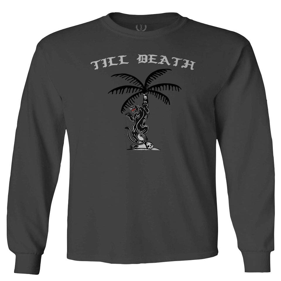 0261. Summer Palm Puma Tattoo Cool Graphic Till Death Streetwear Society Society Men's Long Sleeve t Shirt (Characol, Medium) Charcoal