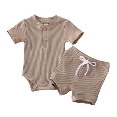 Newborn Infant Baby Girl Boy Clothes Short Sleeve T-Shirt Tops and Shorts Pants Solid Color Summer Outfit (B- Light Coffee, 12-18 Months)