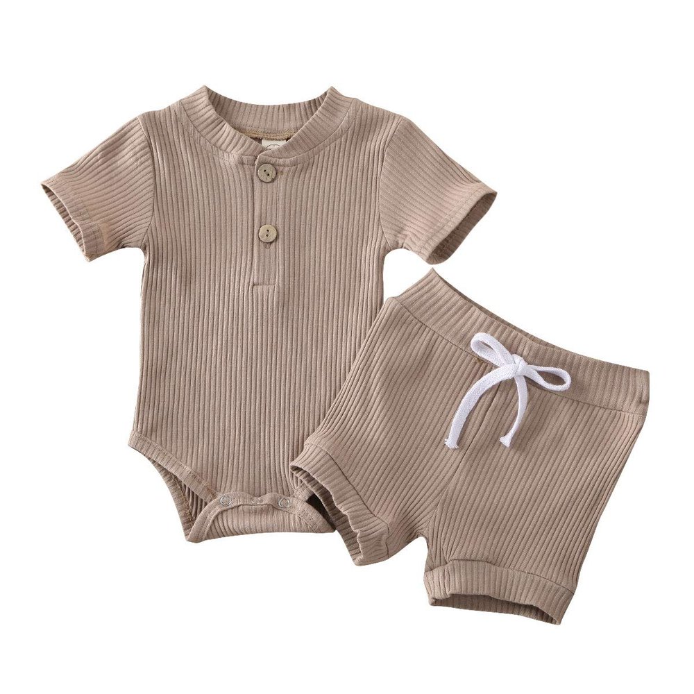 Newborn Infant Baby Girl Boy Clothes Short Sleeve T-Shirt Tops and Shorts Pants Solid Color Summer Outfit (B- Light Coffee, 12-18 Months)