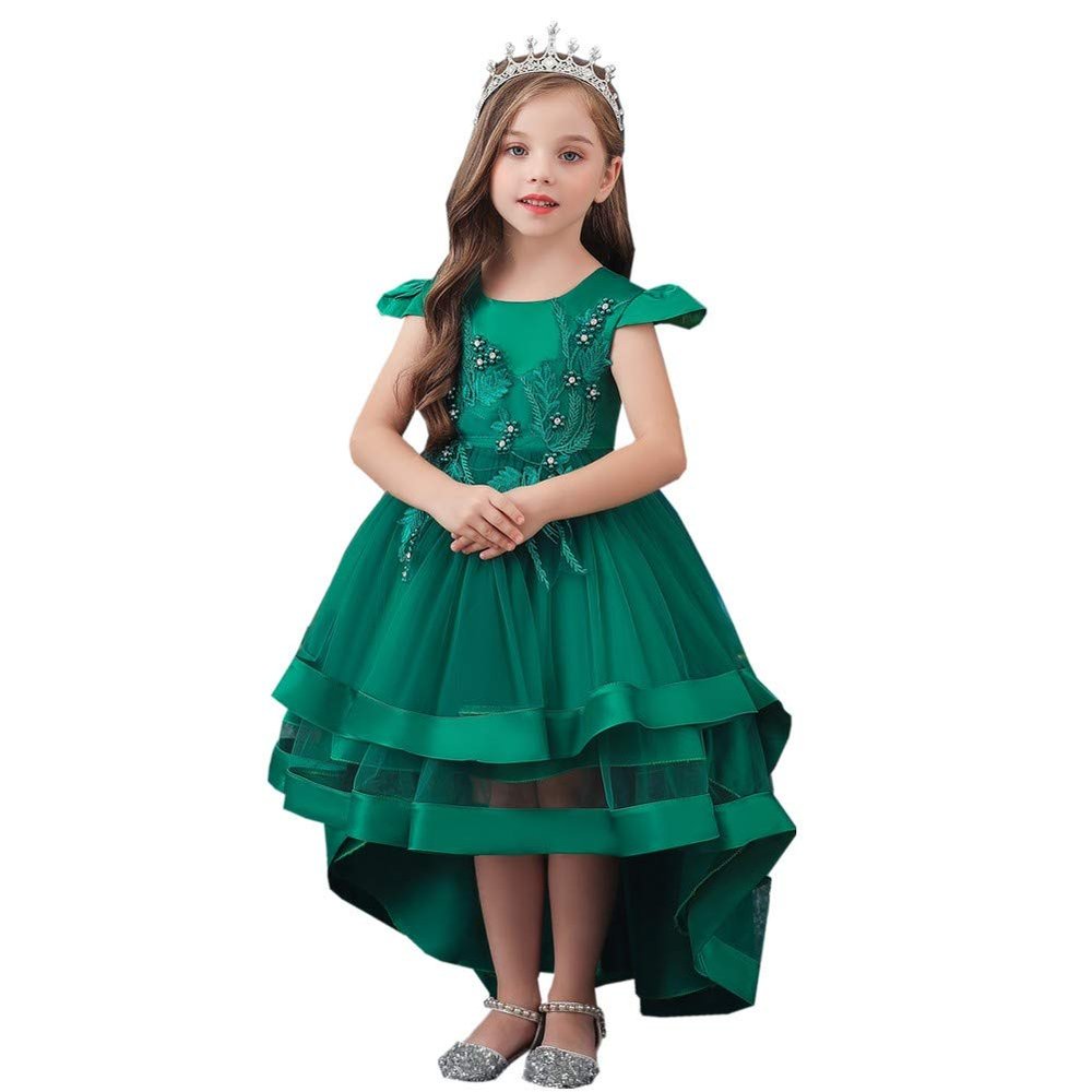 MYRISAM Girls Princess Pageant High Low Tulle Dress Bridesmaid Wedding Prom Birthday Communion Party Dance Ball Gowns Deep Green 11-12T