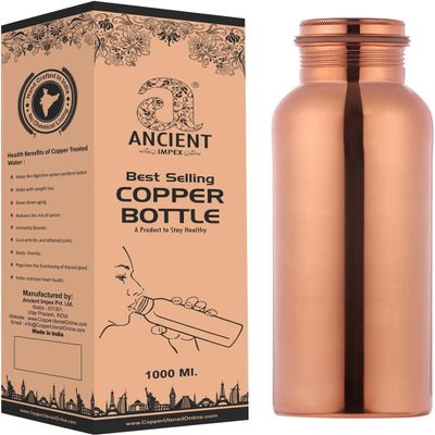 ANCIENT IMPEX Copper Bottle for Drinking Water 1000mL (33.84 US FL Oz) Capacity Jointless for Ayurveda Health Benefit made of Pure Copper, Unlined, Uncoated and Non-Lacquered