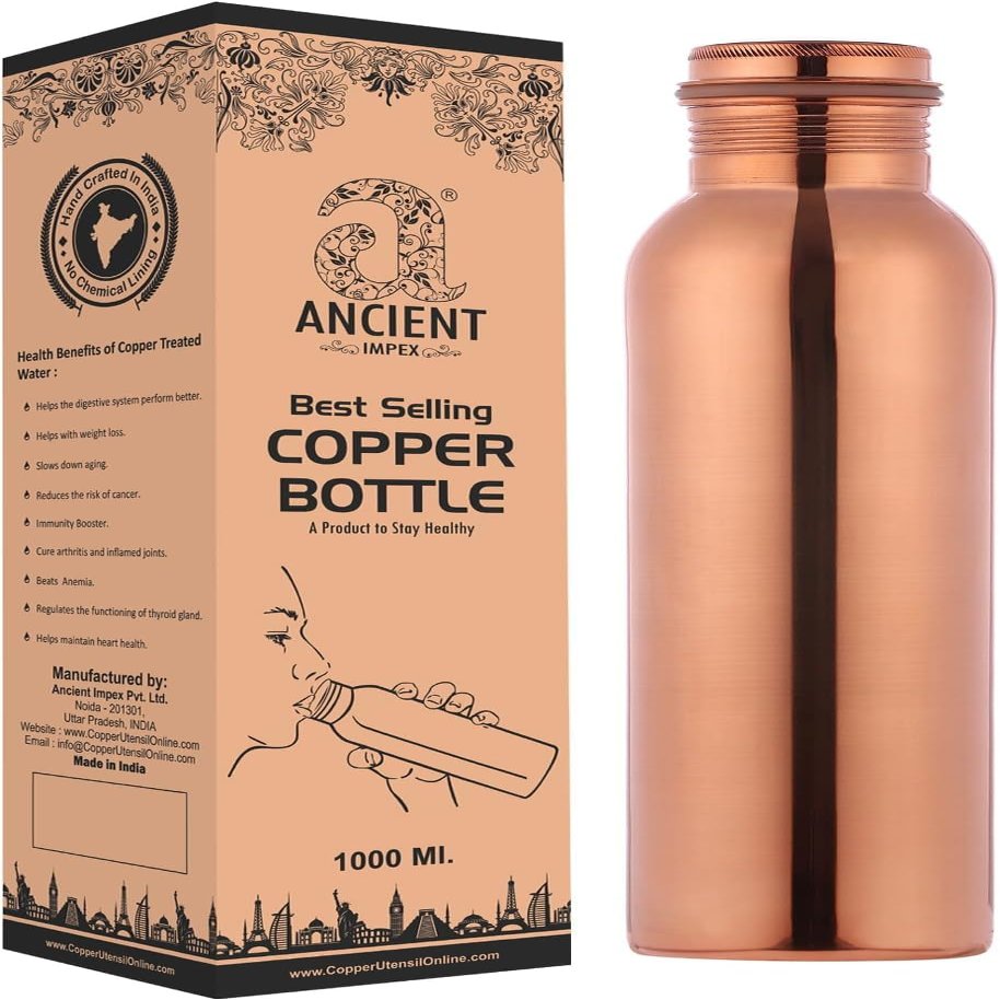 ANCIENT IMPEX Copper Bottle for Drinking Water 1000mL (33.84 US FL Oz) Capacity Jointless for Ayurveda Health Benefit made of Pure Copper, Unlined, Uncoated and Non-Lacquered