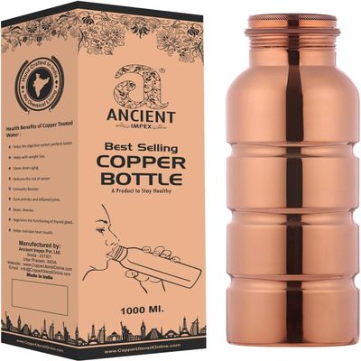 ANCIENT IMPEX Copper Bottle with Easy Grip 1000mL (33.84 US FL Oz) Capacity for Ayurveda Health Benefits made of Pure Copper, Unlined, Uncoated and Non-Lacquered