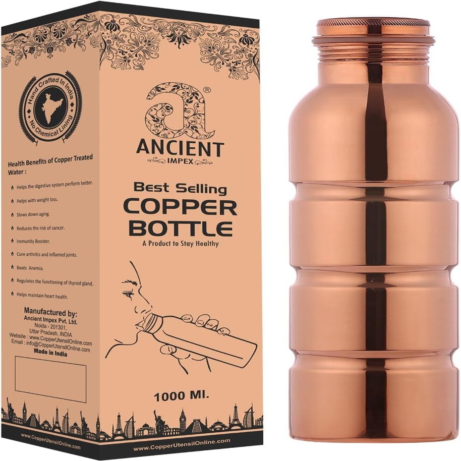 ANCIENT IMPEX Copper Bottle with Easy Grip 1000mL (33.84 US FL Oz) Capacity for Ayurveda Health Benefits made of Pure Copper, Unlined, Uncoated and Non-Lacquered