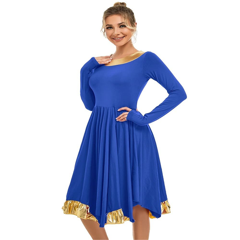 MYRISAM Women Asymmetric Praise Dance Robe Adult Long Sleeve Gold Metallic Ruffle Celebration Dress Irregular Worship Costume Royal Blue XL