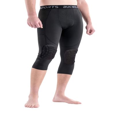 Bucwild Sports  Compression Pants with Knee Pads Size Youth Boys - Adult Men Basketball Wrestling Volleyball Black