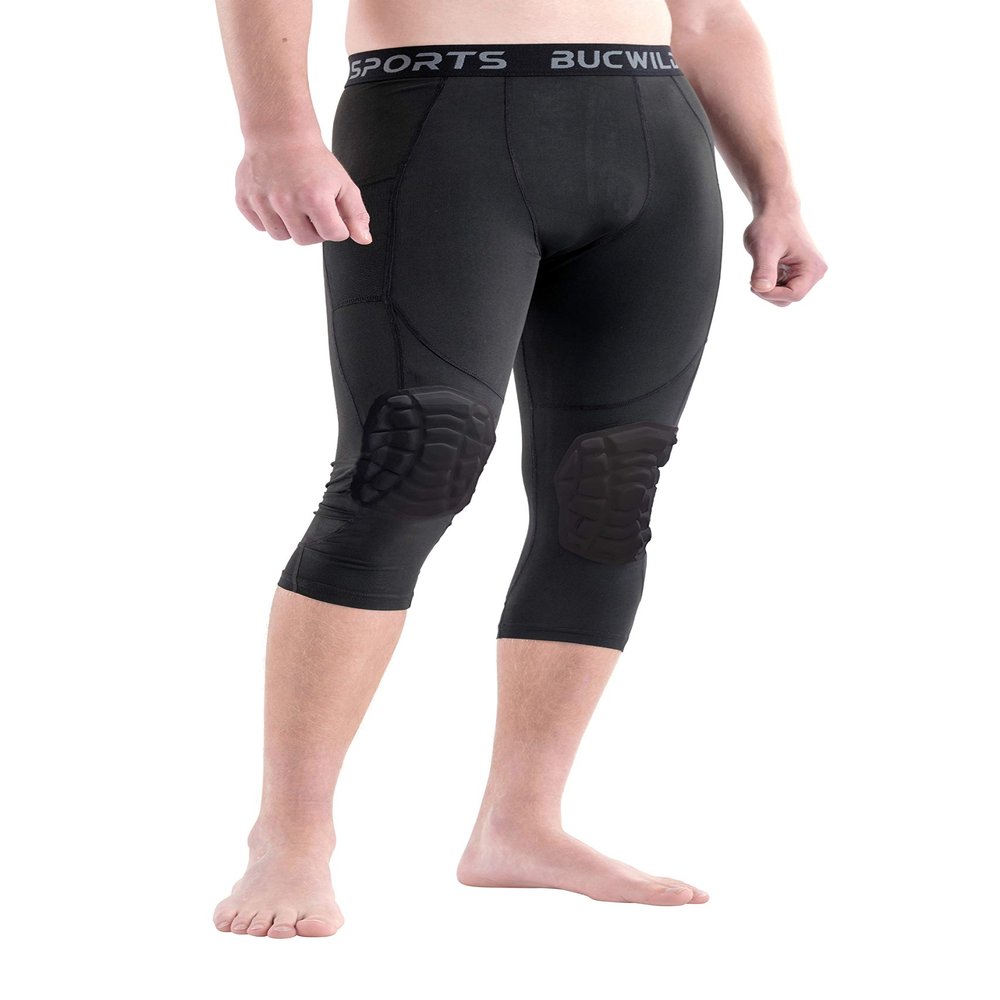 Bucwild Sports Compression Pants with Knee Pads Size Youth Boys - Adult Men Basketball Wrestling Volleyball Black