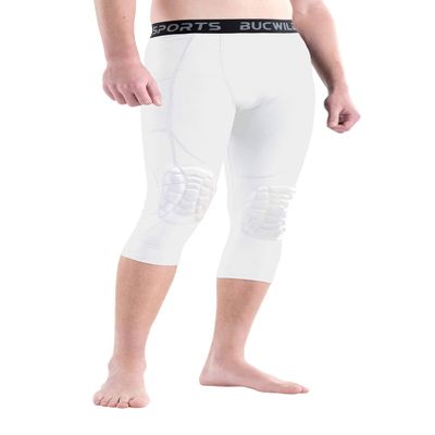 Bucwild Sports  Compression Pants with Knee Pads Size Youth Boys - Adult Men Basketball Wrestling Volleyball White