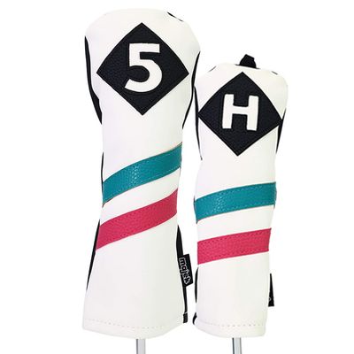 Majek Golf Vintage Headcovers White Seafoam Teal Pink Stripe Premium Retro Leather Style 5 & H Fairway and Hybrid Head Covers Fits All Modern Metal Woods and Hybrids Custom Designs Made in California