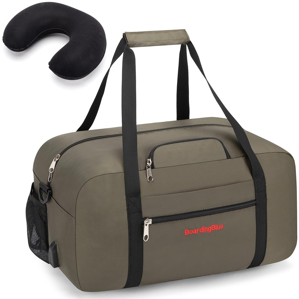 17x10x9 United Airline Personal Item Under Seat Duffel Bag With Free Pillow And USB Port (H Green)
