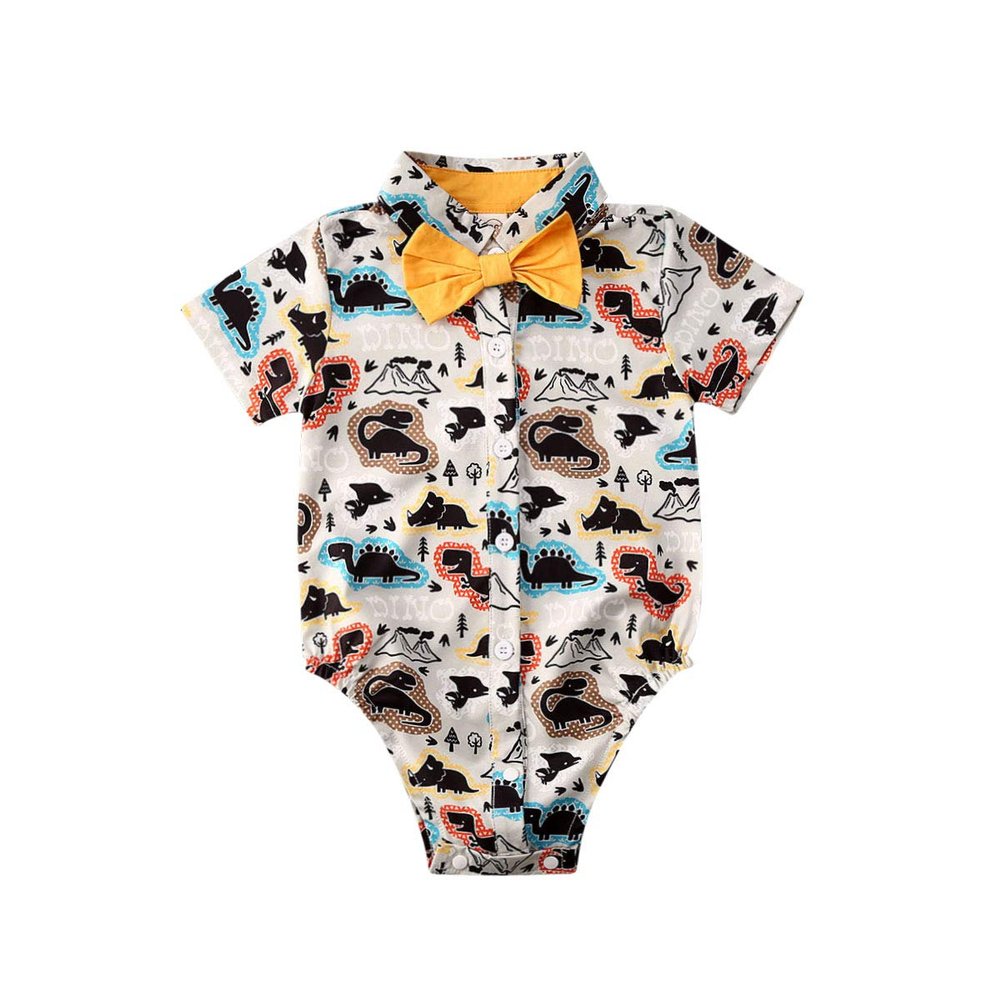 Andannby Toddler Baby Boys Flamingo Rompers Bow-Tie Button-Down Bodysuit Casual Clothes (White Dinosaur, 3-6 M)