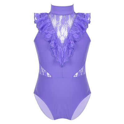 FEESHOW Girls' Basic Gymnastic Camisole Ballet Dance Leotard Bodysuit Sports Tank Top Shirts Ruffled Lace Lavender 3-4